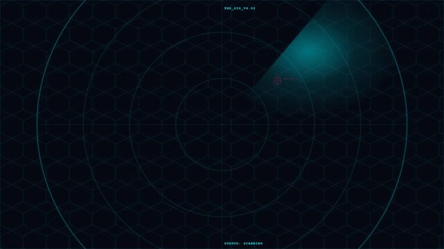 Futuristic Digital Radar Screen HUD Interface with Scanning Beam, Hexagonal Grid, and Unknown Object Tracking Alert System for Security and Defense