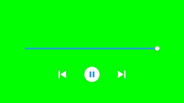 Minimalist Media Player User Interface Icons with Progress Bar, Play, Pause, and Skip Buttons on Green Screen Chroma Key