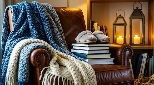 Cozy leather armchair features blue knit throw blankets with stack of books, slippers. Warm candles glow in metal lanterns on wooden bookshelf. Quiet reading corner interior creates relaxed mood for