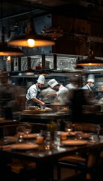 Professional chefs wearing white uniform hats preparing and plating gourmet dishes along a stainless steel counter in a modern restaurant kitchen