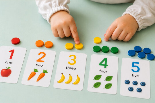 Preschool counting flash cards from one to five with colorful wooden counters and child hands. Educational Montessori learning activity for early math, kindergarten and number recognition.