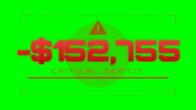 Financial Deficit Concept with Negative Dollar Balance and Critical Alert Text on Green Screen Background, Debt and Economic Loss Illustration