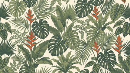 Tropical leaf pattern featuring monstera and palm fronds for textile design and wallpaper. © izzstudio