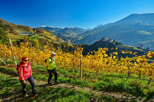 Active couple hiking near autumn vineyard in South Tyrol