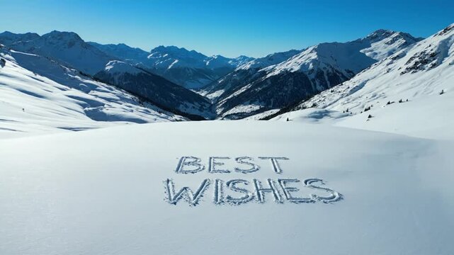 Scenic alpine snow landscape with 'best wishes' inscription etched into the powdery white snow, creating a heartfelt message