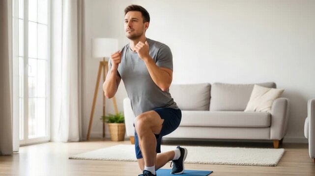 Home Workout Power A determined man performs a lunge exercise in his living room focusing on fitness and health from the comfort of his home