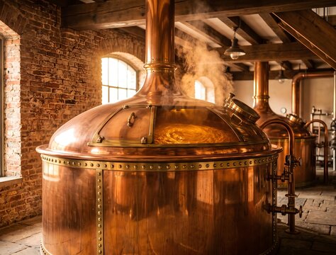 A grand polished copper mash tun inside a historic brewhouse, warm steam rising gently, golden wort visible through the vessel opening, ornate rivets and brass fittings.