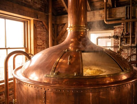 A grand polished copper mash tun inside a historic brewhouse, warm steam rising gently, golden wort visible through the vessel opening, ornate rivets and brass fittings.