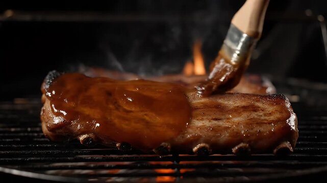 Barbecue pork ribs glazed with savory sauce using a brush on a hot charcoal grill