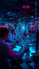 Business professionals collaborating in a futuristic conference room with holographic artificial intelligence interface and digital data visualization. © Curioso.Photography