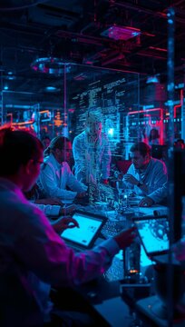 Business professionals collaborating in a futuristic conference room with holographic artificial intelligence interface and digital data visualization.