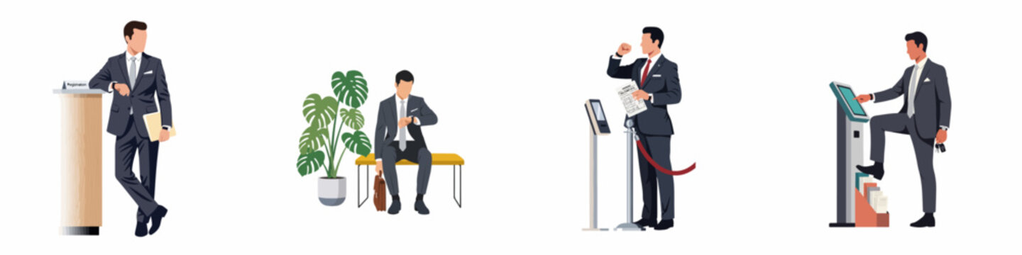 Set of professional businessmen in various situations like registration, waiting, and using self-service kiosks, flat vector illustration isolated on white background.