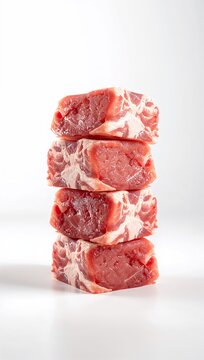 Stack of fresh raw marbled beef steaks isolated on a white background, showcasing premium quality meat for cooking, butchery, and culinary concepts.