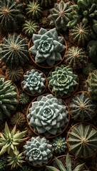Fototapeta premium Top view of assorted green succulent plants arranged in a dense natural pattern with rich textures and geometric symmetry.