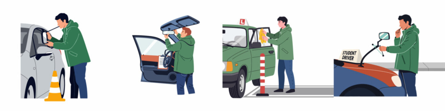 Illustrations of a driving instructor preparing vehicles for lessons, adjusting mirrors, and cleaning cars for student driver training.