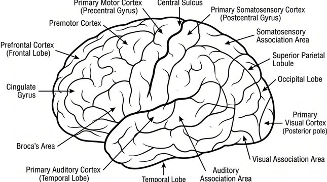Detailed diagram of the human brain with labeled cortical regions and lobes.