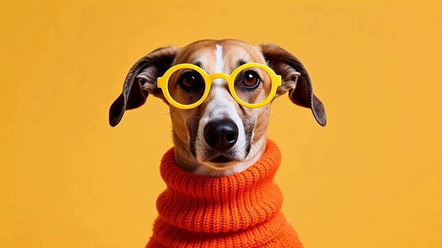 Dachshund in yellow glasses and orange sweater