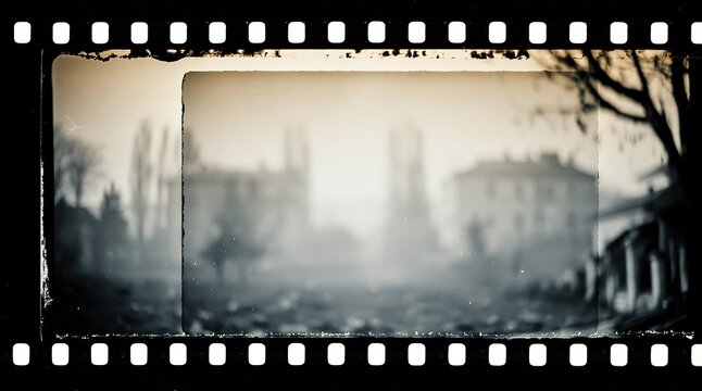 Retro film strip with city landscape, foggy atmosphere and trees
