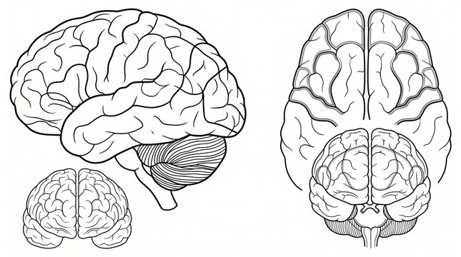 Anatomical illustration of the human brain in different views. Outline illustration. Isolated on a white background.