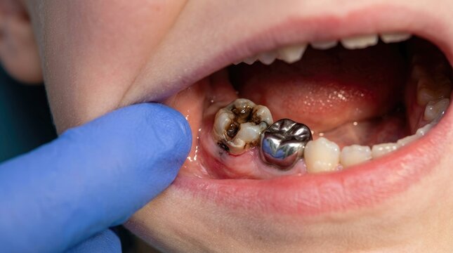 Child's Decayed Tooth and Metal Dental Crown - Pediatric Dentistry and Oral Hygiene Concept