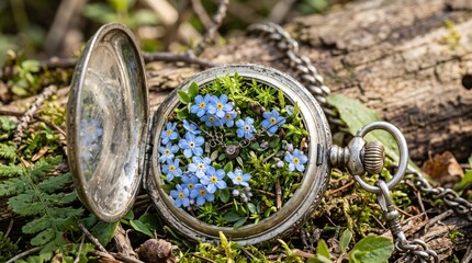 Fototapeta premium Antique Silver Pocket Watch Forget-Me-Not Flowers Moss Inside Macro Nature Reclaiming Time