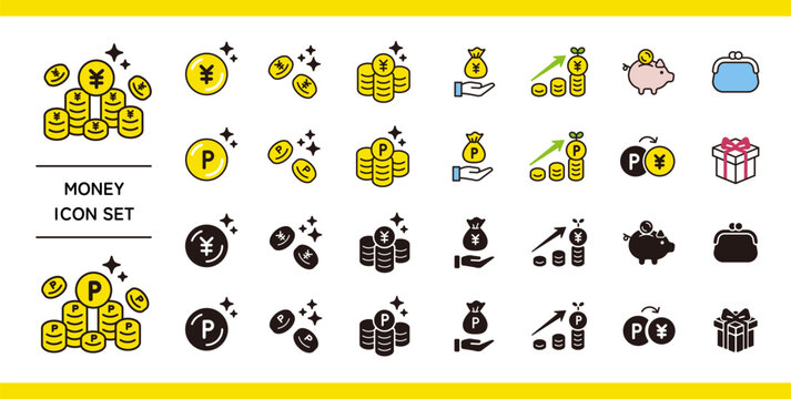 お金のアイコン。日本円とポイント、コインのイラスト。ポイント還元、ポイント付与。Money icons.