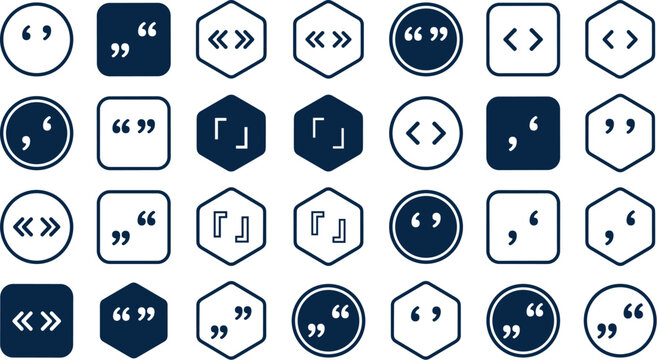 Set of flat quotation marks icons including double quotes, commas, brackets, and colons inside circles, squares, and hexagons for graphic design layout.