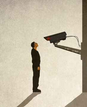 Illustration of man standing in front of security camera
