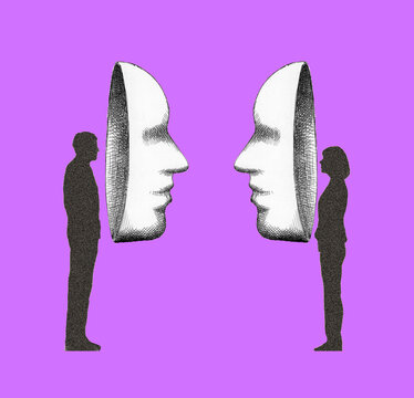 Illustration of man and woman wearing oversized masks standing face to face