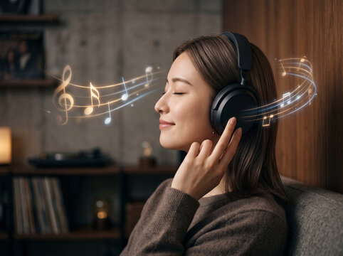 ワイヤレスヘッドホンで高音質な音楽を楽しむ女性
