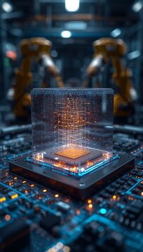 Futuristic quantum computer processor displayed within a transparent computing module, representing quantum technology, advanced computing, and next-generation artificial intelligence.
