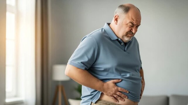 Elderly Man Experiencing Discomfort An elderly man clutches his abdomen his face contorted in pain suggesting a medical issue or discomfort