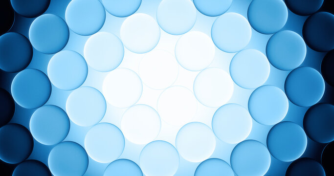 Glowing blue glass spheres form a modern abstract tunnel background