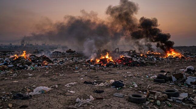 Burning Landfill with Toxic Smoke and Plastic Waste - Environmental Pollution and Climate Change Crisis Concept