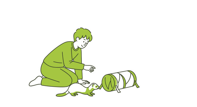 Young person playing with pet ferret and green toy tunnel