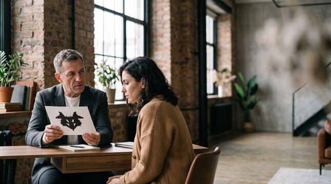 Senior male therapist showing Rorschach test to female patient in office