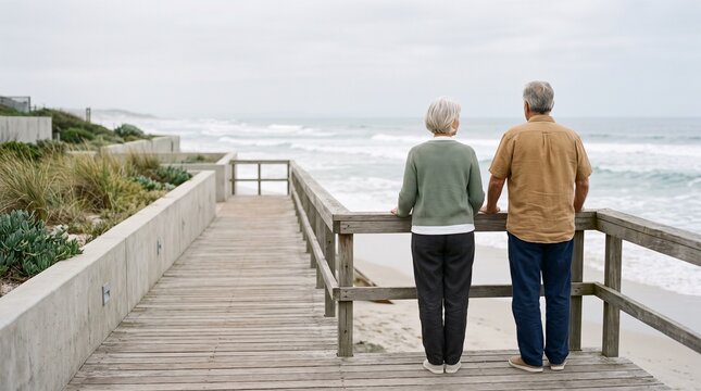 Senior couple standing on a wooden boardwalk looking out at the ocean.