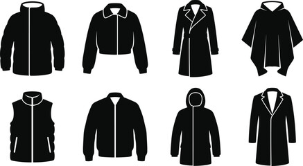 Set of black flat icons featuring various winter jackets, coats, and outerwear for professional fashion design projects © Md