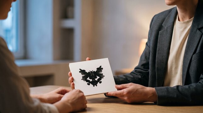 Man holding Rorschach inkblot test card during therapy session with woman
