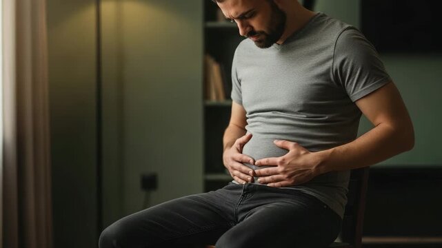 Struggling with Weight A man sits with his hands on his belly a look of concern on his face symbolizing a struggle with weight gain or body image