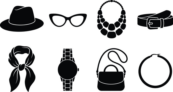 Set of black flat icons representing fashion accessories including hat, glasses, jewelry, watch, handbag, and scarf