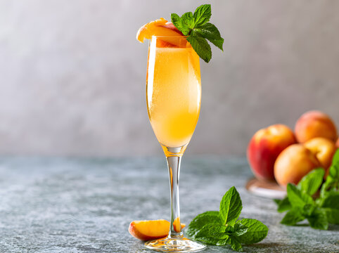 A glass of the refreshing peach Bellini cocktail, made with juicy peaches and a hint of mint. Served in a flute, it's an excellent choice for brunch gatherings or special occasions.