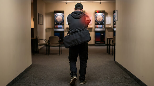 Man with shoulder pain walking towards dartboards, seeking relief or rehabilitation for injury, physical therapy concept