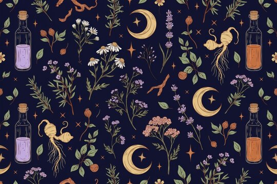 Esoteric seamless pattern featuring botanical herbs, medicinal plants, glass potion bottles, and golden crescent moons on a dark navy background
