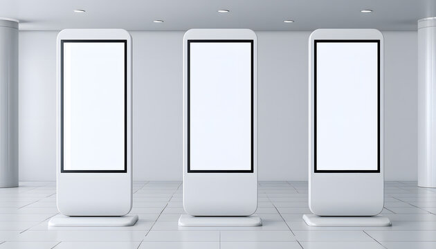 Three modern digital display stands with blank screens. These interactive kiosks are placed indoors in a minimalist space. They are ideal for advertising information or wayfinding.