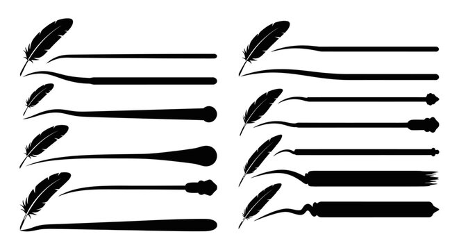 Set of black feather pen silhouettes for text frames and borders
