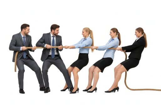 Business team pulling rope in tug of war competition