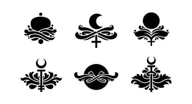 Set of black mystical alchemy symbols with floral and celestial shapes