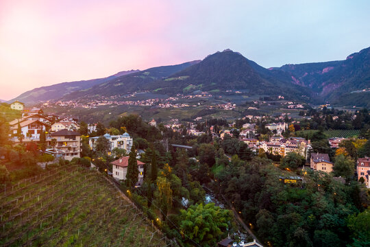 Italy, Alto Adige, Meran, cityscape at sunset