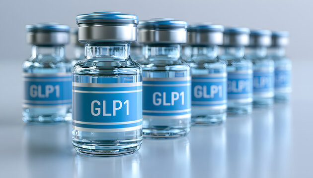 GLP-1 medication vials in a row. Pharmaceutical injectables for diabetes and weight loss therapy. Medical research drug supply for health treatment.